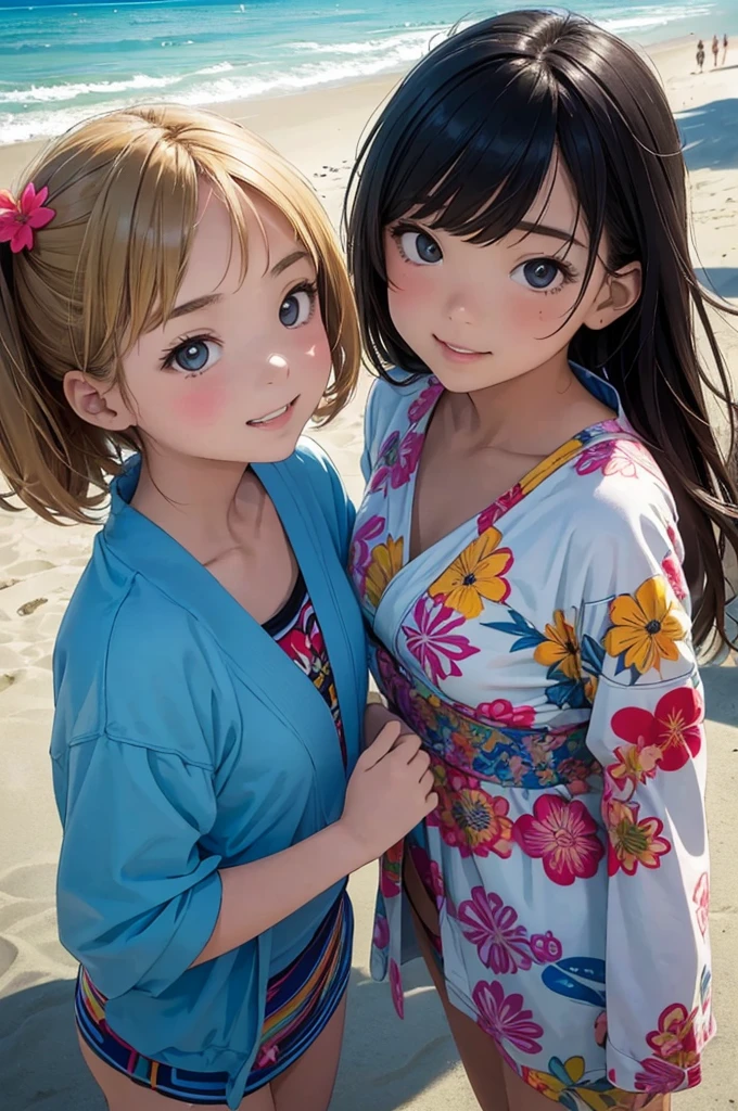 (masterpiece, best quality:1.1),
popart style,flat color,(two girls),cute face,tween,(enjoy trip),(beach,okinawa),Japan, beautiful detailed scenery, friendly,very happy,beautiful lighting,dynamic angle,depth of field,photographic portrait, sharp,