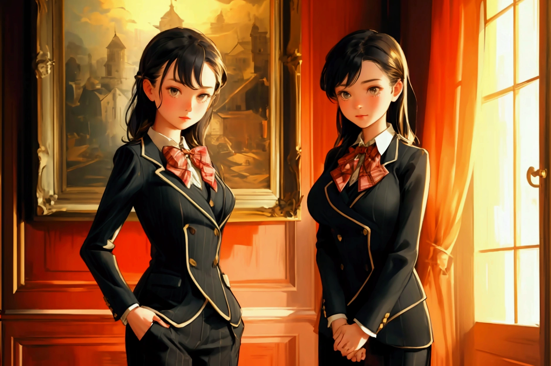 Create a beautifully detailed image featuring a cute girl . The girl should be wearing the same plaid suit with a bow tie and standing confidently with a hand in her pocket. The background should remain a luxurious, vintage room with wooden walls, a framed painting, and rich details. The overall theme and style of the image should be preserved exactly, maintaining the warm lighting and sophisticated atmosphere