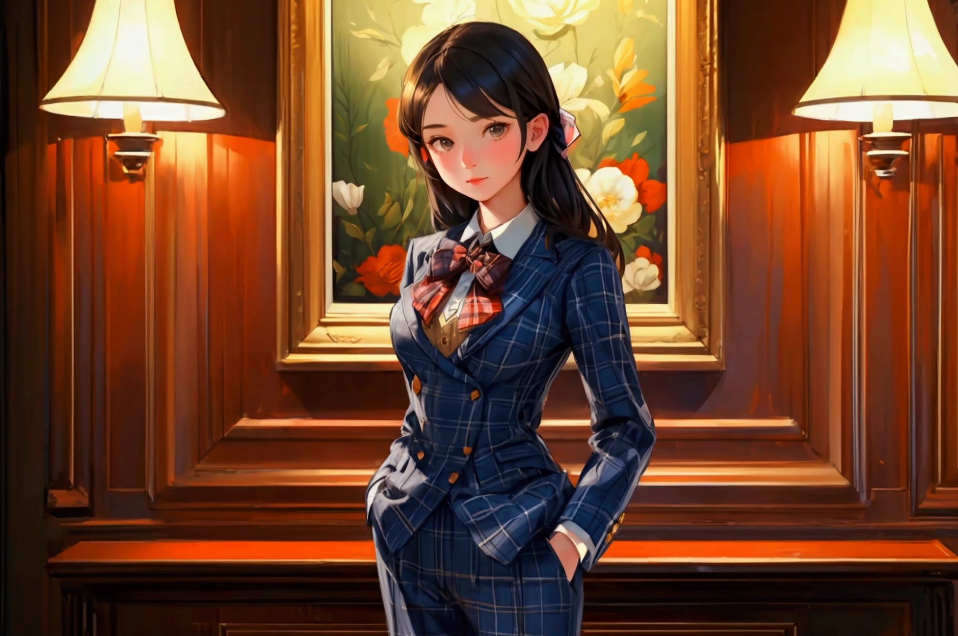 Create a beautifully detailed image featuring a cute girl . The girl should be wearing the same plaid suit with a bow tie and standing confidently with a hand in her pocket. The background should remain a luxurious, vintage room with wooden walls, a framed painting, and rich details. The overall theme and style of the image should be preserved exactly, maintaining the warm lighting and sophisticated atmosphere