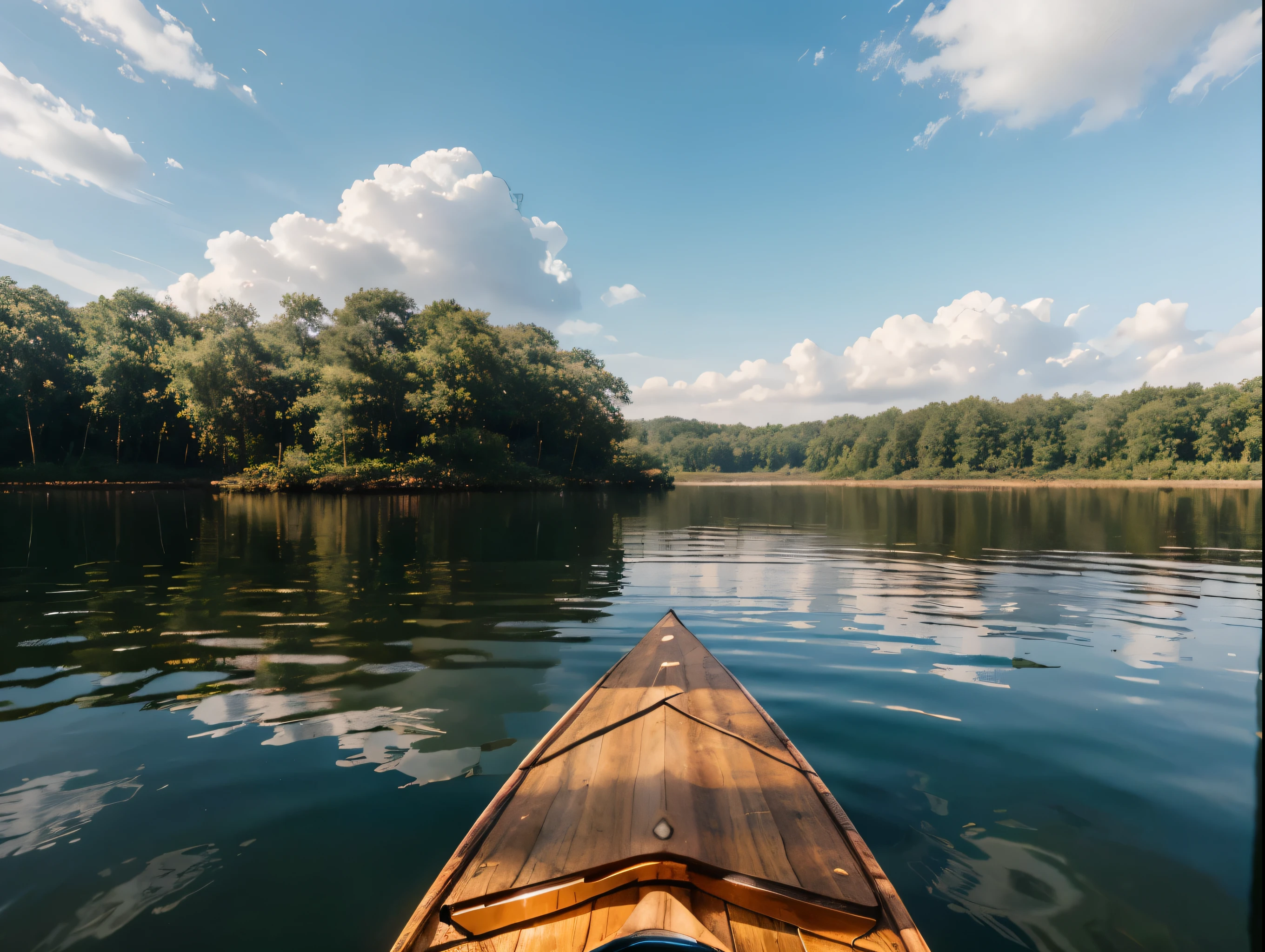 a tranquil lake surrounded by lush forest, crystal clear water reflecting the sky, a wooden dock extending into the calm waters, a lone kayak drifting peacefully, birds soaring overhead, beautiful detailed clouds, warm golden sunlight filtering through the trees, serene and atmospheric, (best quality,8k,highres,masterpiece:1.2),ultra-detailed,(realistic,photorealistic,photo-realistic:1.37),landscape,cinematic lighting,dramatic colors