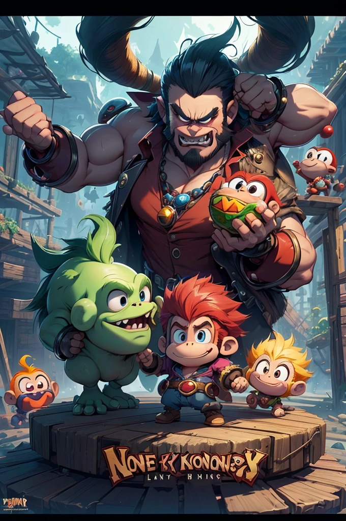 game donkey kong style monsters, rayman legens, stage bosses, boss, mixing with rayman legends, fantasy, monsters based on different animals, dark demons, funny enemies for game, dark creatures