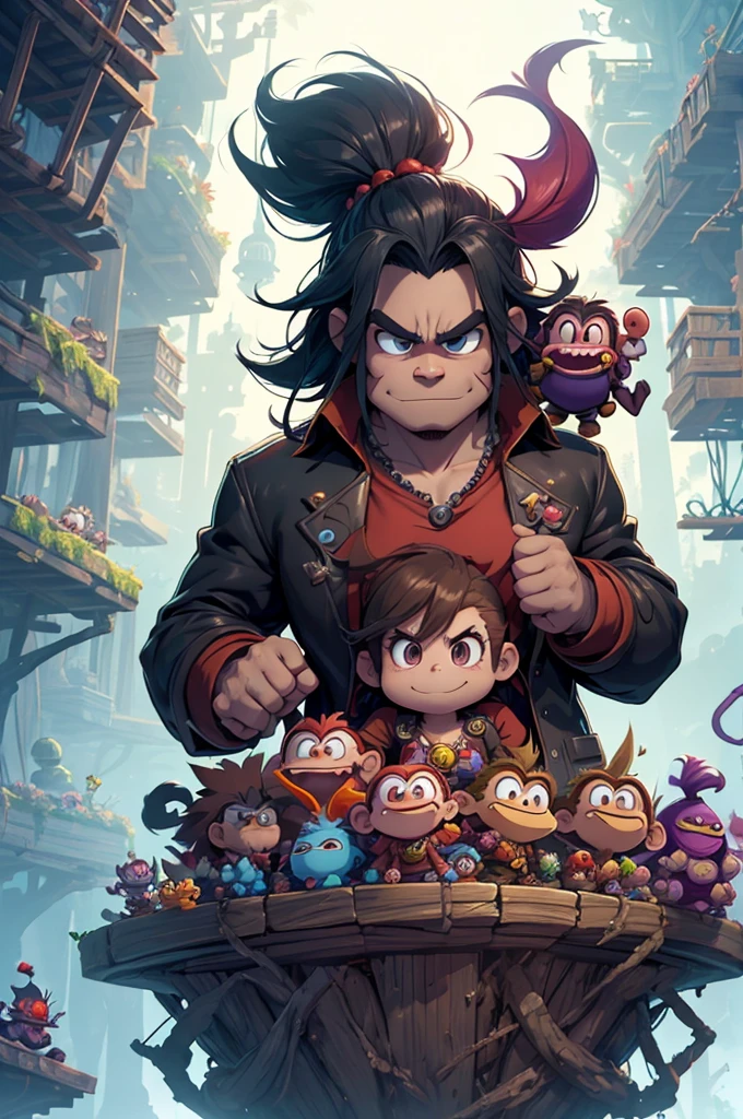 game donkey kong style monsters, rayman legens, stage bosses, boss, mixing with rayman legends, fantasy, monsters based on different animals, dark demons, funny enemies for game, dark creatures