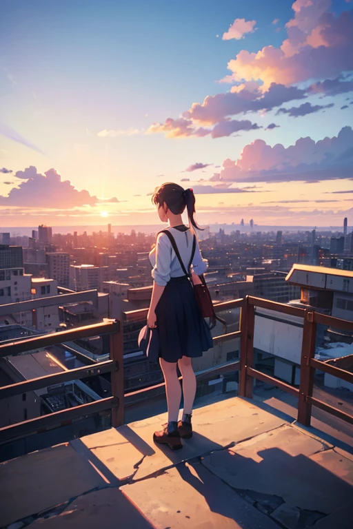 a girl with a pony tail, standing on a hill, looking down a city, beautiful colorful sky, Makoto Shinkai style