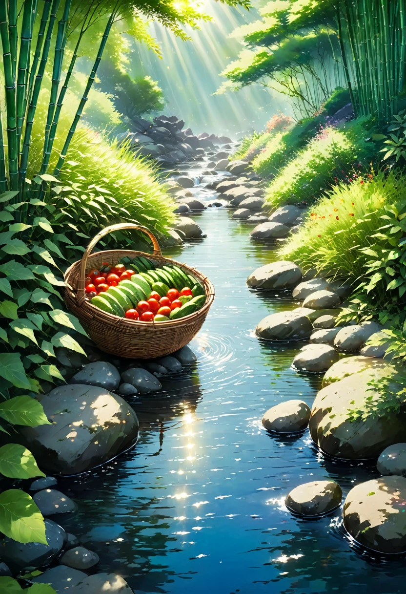 Sunlight filters through the trees onto a gently flowing stream, dappling the surface with shimmering light. A rustic bamboo basket, nestled amongst the rocks, holds a few plump tomatoes and crisp cucumbers, their vibrant colors contrasting beautifully with the smooth, grey stones. The cool, clear water rushes over the vegetables, carrying with it the essence of a perfect summer day. beautiful anime scenery, landscape painting, beautiful digital painting, andreas rocha, illustration of beautiful artwork, amazing wallpaper, raymond swanland, tall beautiful painting, studio ghibli makoto shinkai, beautiful wallpaper, anime scenery refreshing, nostalgic, summer, japan, nature, no humans simple, minimalist,((totoro))