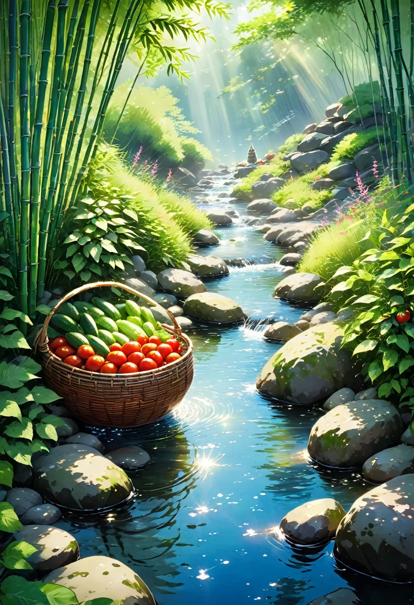 Sunlight filters through the trees onto a gently flowing stream, dappling the surface with shimmering light. A rustic bamboo basket, nestled amongst the rocks, holds a few plump tomatoes and crisp cucumbers, their vibrant colors contrasting beautifully with the smooth, grey stones. The cool, clear water rushes over the vegetables, carrying with it the essence of a perfect summer day. beautiful anime scenery, landscape painting, beautiful digital painting, andreas rocha, illustration of beautiful artwork, amazing wallpaper, raymond swanland, tall beautiful painting, studio ghibli makoto shinkai, beautiful wallpaper, anime scenery refreshing, nostalgic, summer, japan, nature, no humans simple, minimalist,((totoro))