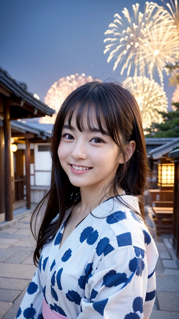 One girl、High resolution、high quality、Real People、Realistic facial expressions、A vivid face、Detailed face、Beautiful Face、cute、Young Face、Young face、Beautiful scenery in Japan、yukata、An innocent smile、whole body、Fireworks display、