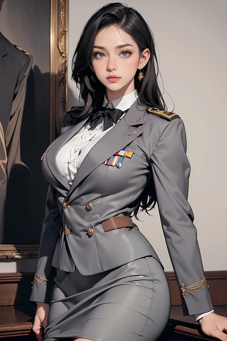 (best qualityer, 4K, high resolution, work of art, ultra detali, Realistic anatomy, photorrealistic:1.37), Attractive young Araffe, senior military officer, (wearing Prussian hussar uniform), (Light gray double-breasted blazer jacket), (black pencil skirt), (Prussian Death's Head Cap), (black stockings and high heel boots), hair blonde, High Ponytail Hairstyle, standing confidently, This full-length portrait captures her strength and authority, with sharp focus on the details of his uniform and his authoritative gaze, The image evokes an aura of discipline and respect, against a military backdrop,