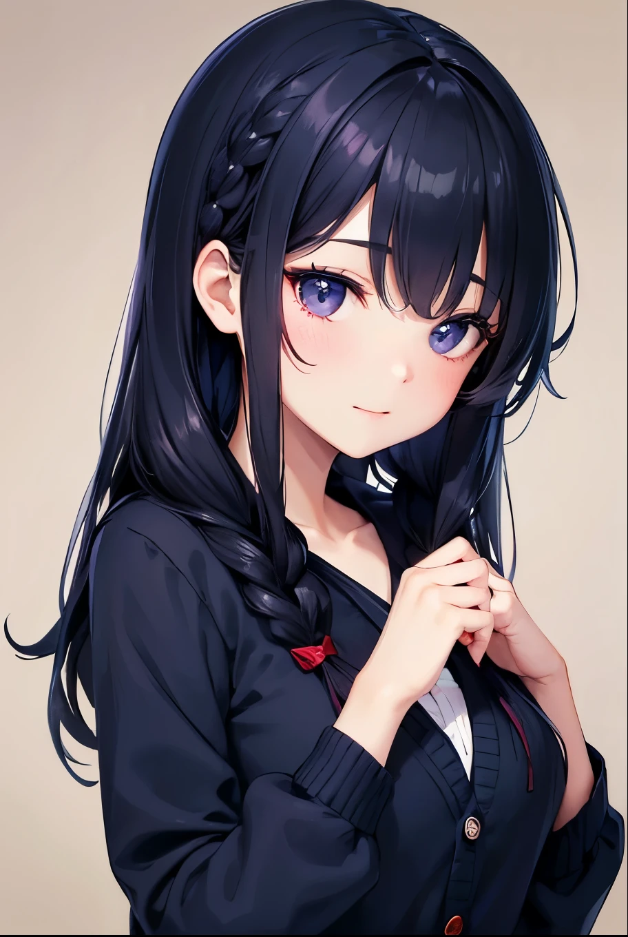 Open the chest、cardigan、Laughter、room、8k、Delicate face、Detailed face、Simple Background, Long Black Hair, Hairstyle(Braiding), Hairstyle(((black navy blue, Dark Navy))), pupil(purple)