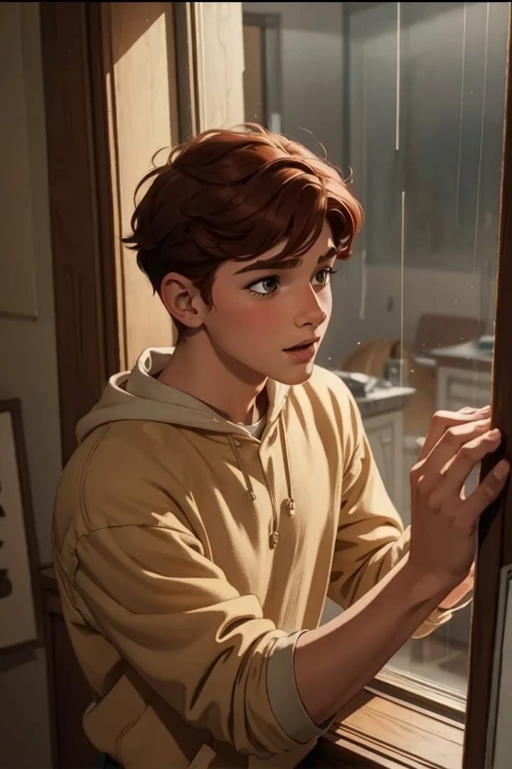 Excellence HD 8K young girl Classical Art Comics
with curly red hair bouncing excitedly into a room, turning to the boy with an eager expression.