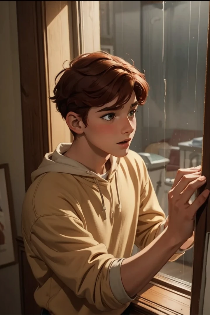 Excellence HD 8K young girl Classical Art Comics 
with curly red hair bouncing excitedly into a room, turning to the boy with an eager expression.  