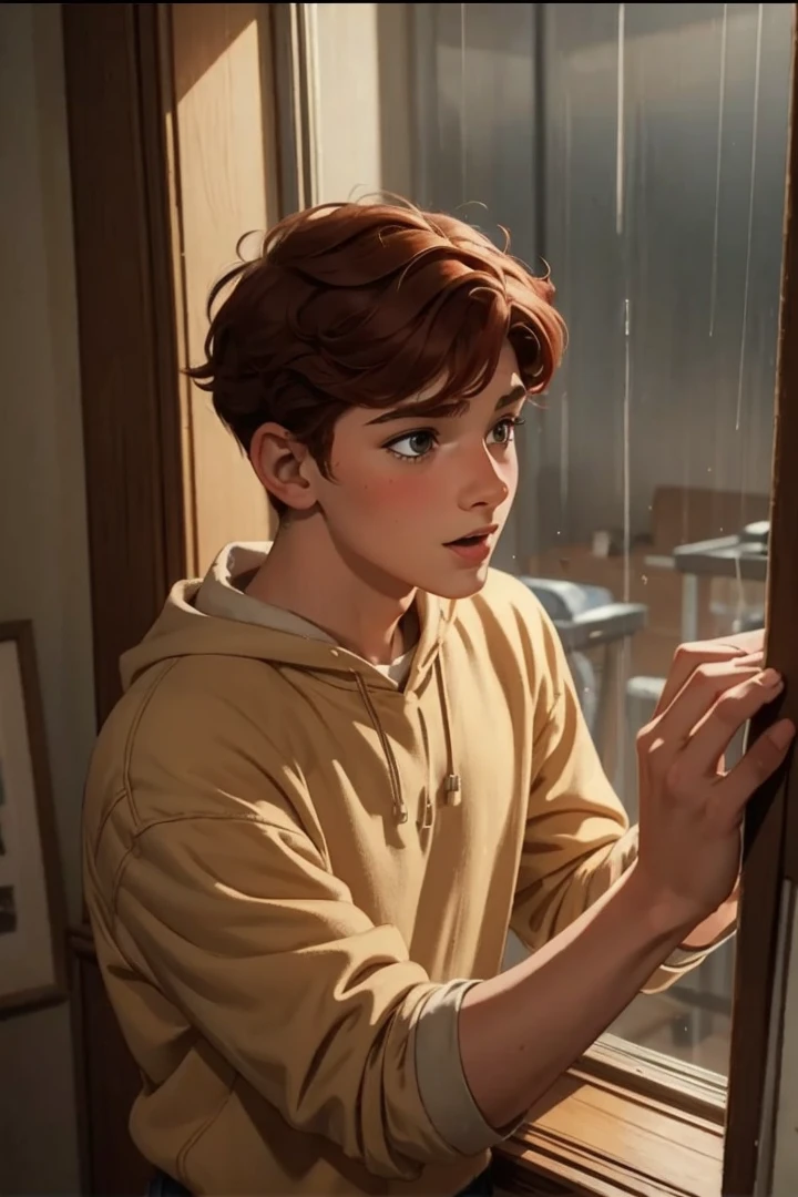 Excellence HD 8K young girl Classical Art Comics
with curly red hair bouncing excitedly into a room, turning to the boy with an eager expression.
