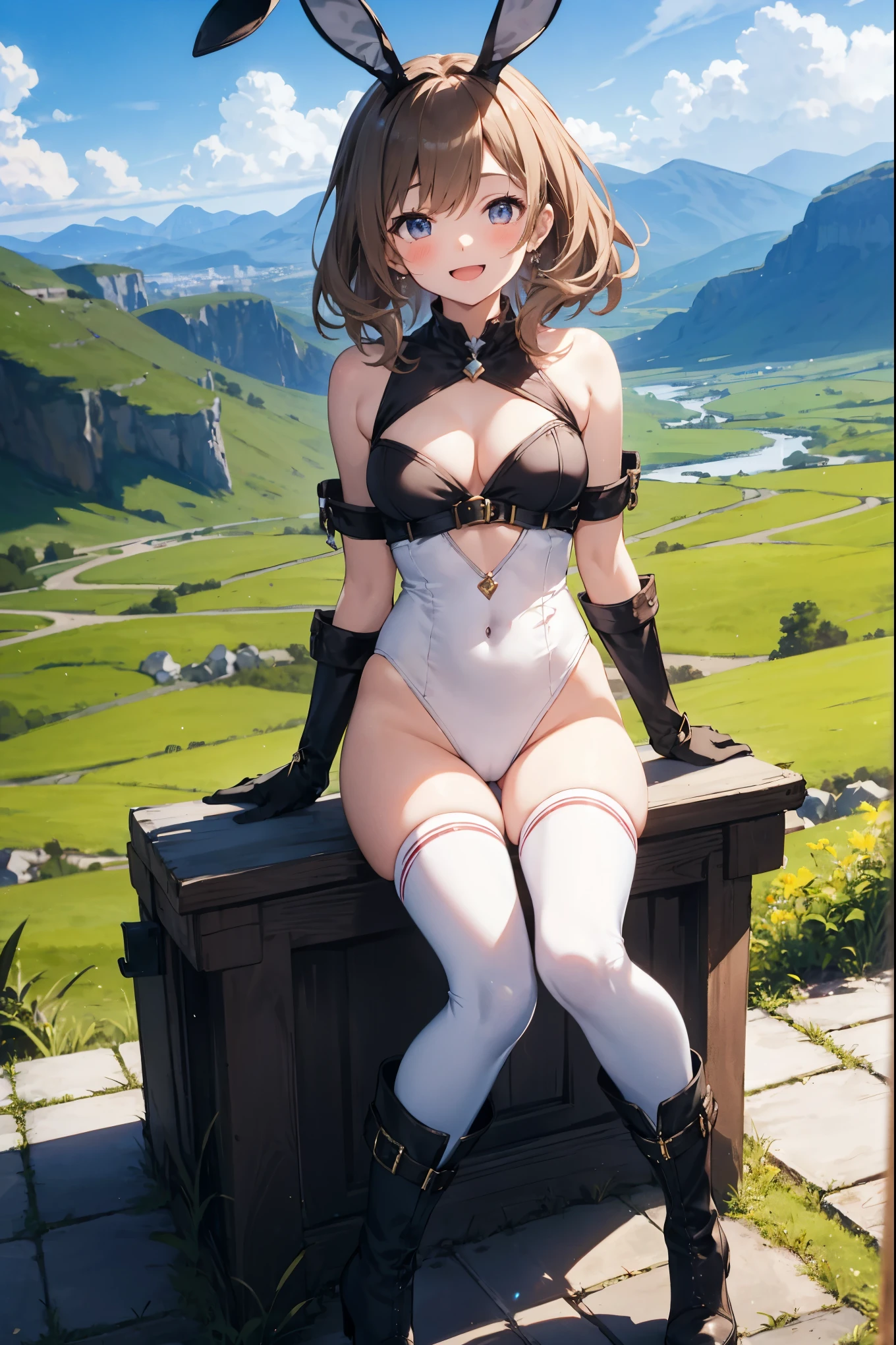 GRANBLUEfantasy,ung_teeirl,brown_hair,medium_bob_hair,platina_blond_hair,white_leotard,covered_crotch,thigh-highs,smile,standing,bluesky_landscape_background,slightly_spread_legs,happiness, short_gloves ,solo, r18, navel,relicbuster,short,boots,open_mouth,sitting,knees,blush,shy,bunny_ears