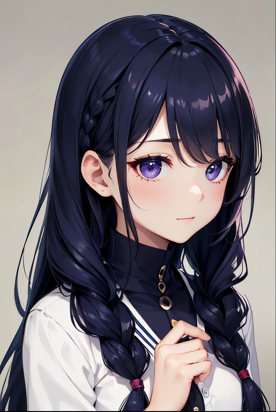 Open the chest、cardigan、Laughter、room、8k、Delicate face、Detailed face、Simple Background, Long Black Hair, Hairstyle(Braiding), Hairstyle(((black navy blue, Dark Navy))), pupil(purple)