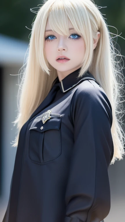 8k,Highest quality,The true picture,Intricate details,Ultra-high resolution,Depth Field,Masseter region,Natural soft light,Professional Lighting,1 girl,(cute:1.2),(Gothic Fashion),Bright expression,Young and shiny white glossy skin,Ultimate beauty,The ultimate beautiful blonde girl,The most beautiful platinum blonde hair in the world,Shiny light blonde hair,Long, silky blonde hair,beautiful shiny bangs,Sparkling, Clear, attractive blue eyes,とても美しい素敵なcute1童顔の金髪の女の子、Blond hair blowing in the wind、Off-the-shoulder alone, (Police uniform, Female police officer), ,
