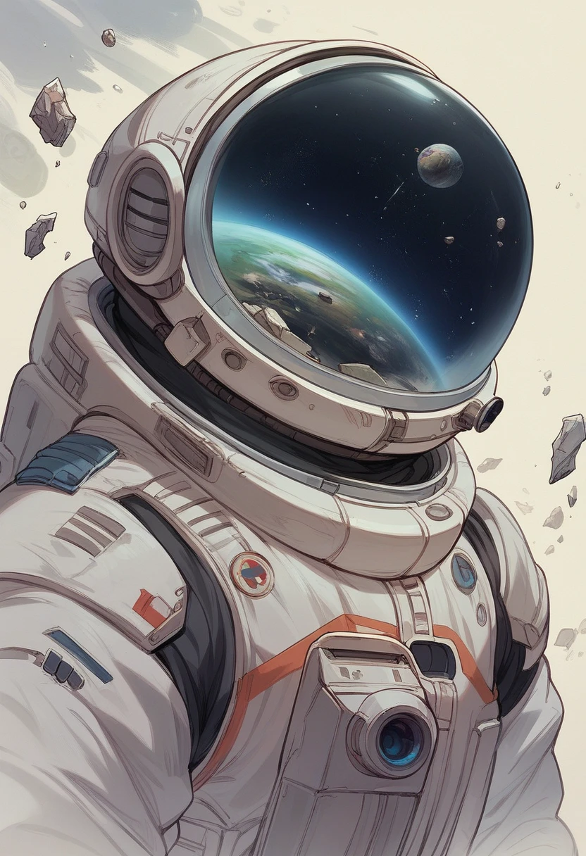 "An astronaut with a rugged look sits thoughtfully on a broken metallic platform in space, wearing a weathered spacesuit. Behind him, a distant planet with rings and another celestial body are visible, surrounded by debris and asteroid fragments. The scene blends realism with stylized sci-fi art, capturing a moment of deep reflection in the vastness of space."