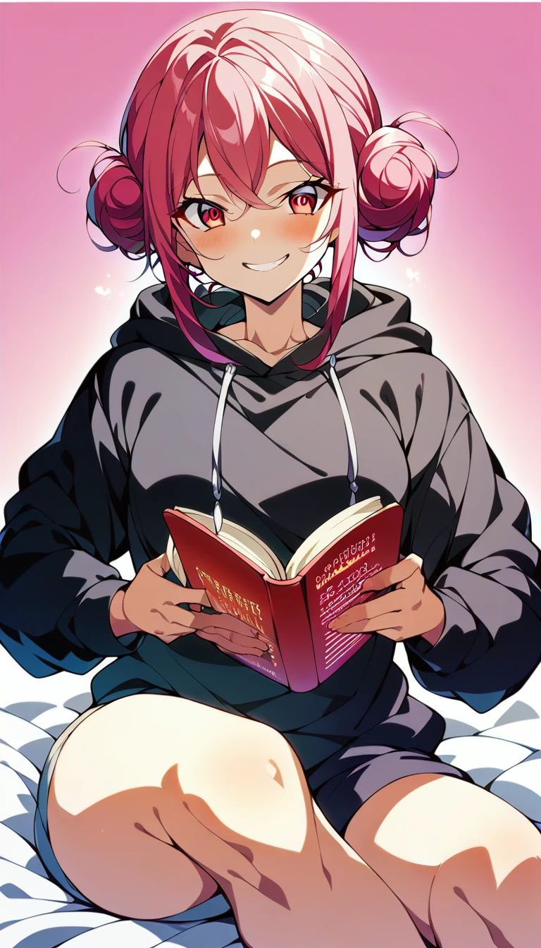 (masterpiece, Highest quality:1.5)、anime、Realistic、1 girl、Girl wearing a hoodie、lip、smile、Odd Eye、Bun Hair、Pink neon hair、Textured Trim、Sitting、(Reading)、Perfect hands、Pop Art、colorful coloring、Background red、Simple background