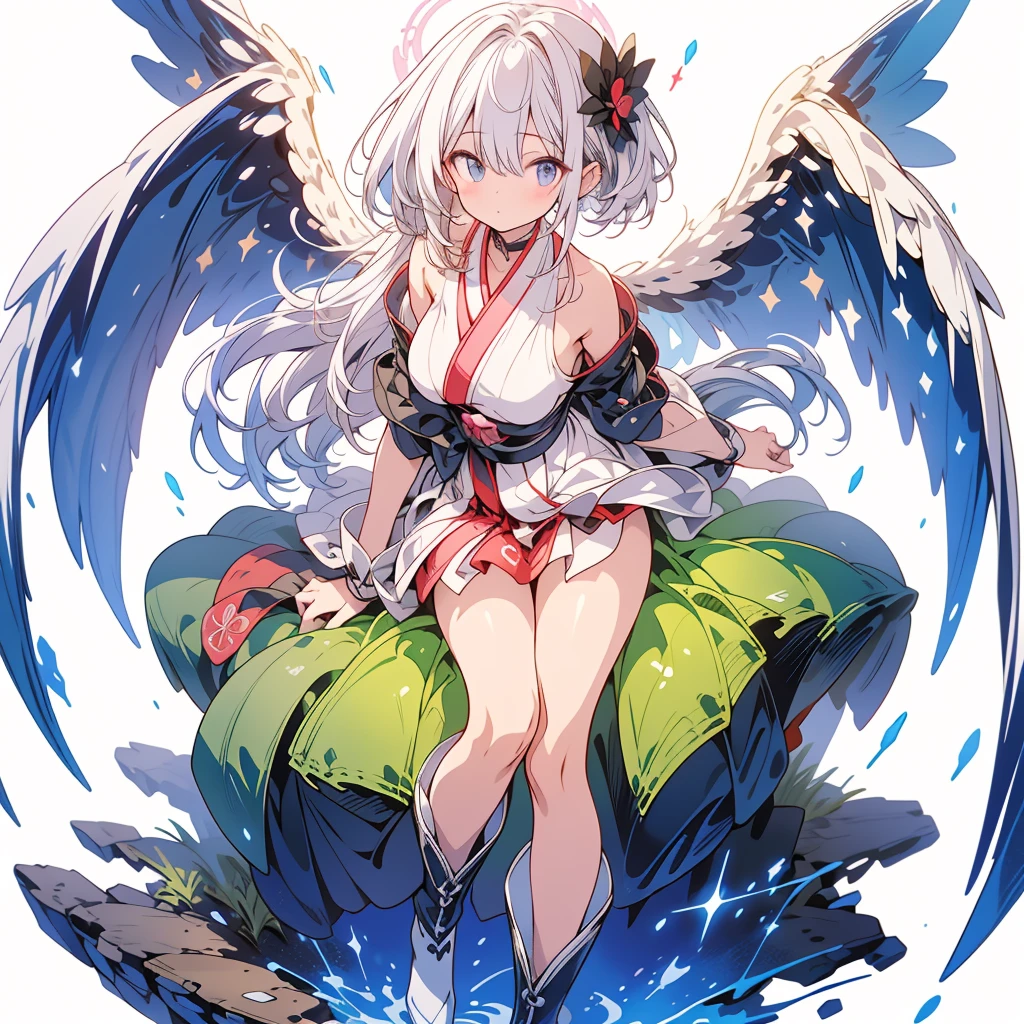 (masterpiece, Highest quality), (perfect athletic body:1.2), (Thin Hair), 非常にdetailedな, Anime Style, whole body, alone,  Gothloli kimono, Fairy Wings,Magical girl、Magic giant wand、  White hair and brown skin, High Boots,Floating in the blue sky, High heel boots, 8K high resolution, White Background, whole body,Super huge、detailed、dynamic、Giant magic wand in front、