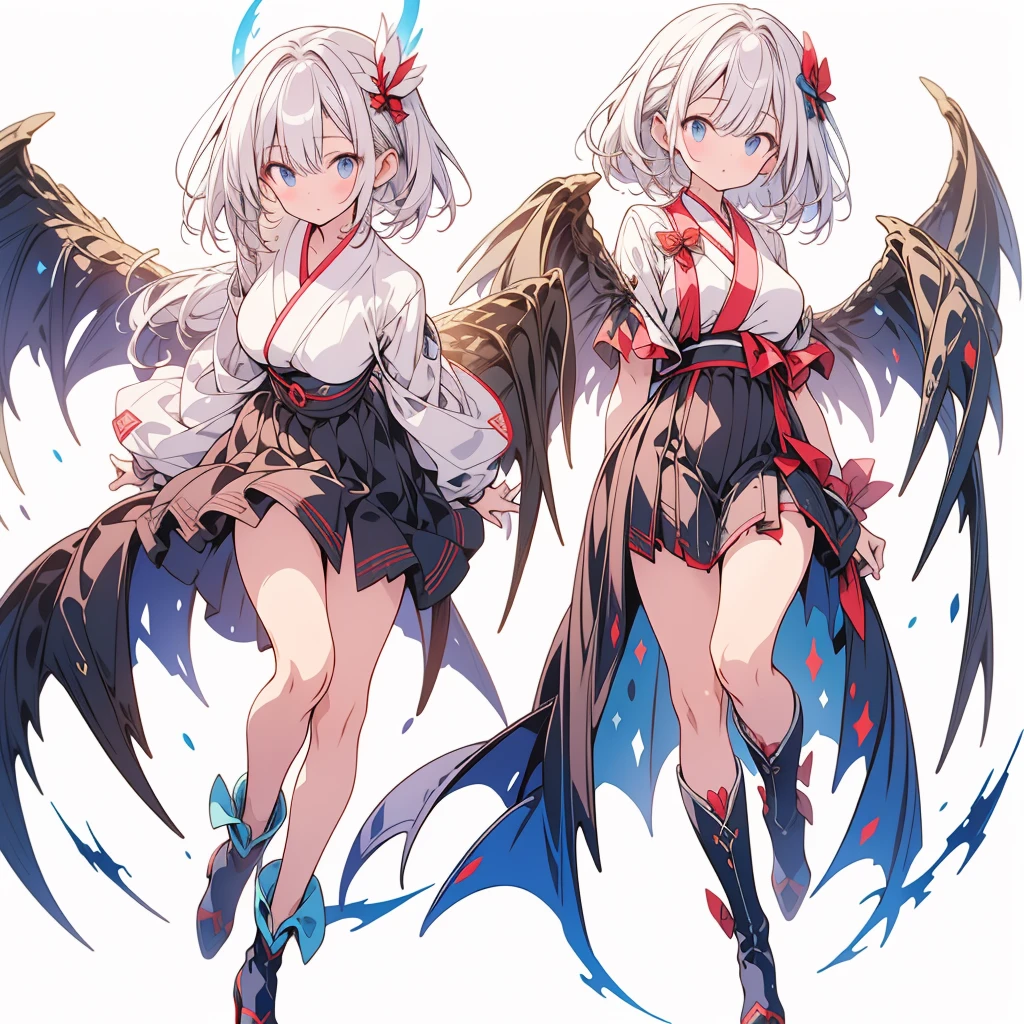 (masterpiece, Highest quality), (perfect athletic body:1.2), (Thin Hair), 非常にdetailedな, Anime Style, whole body, alone,  Gothloli kimono, Fairy Wings,Magical girl、Magic giant wand、  White hair and brown skin, High Boots,Floating in the blue sky, High heel boots, 8K high resolution, White Background, whole body,Super huge、detailed、dynamic、Giant magic wand in front、