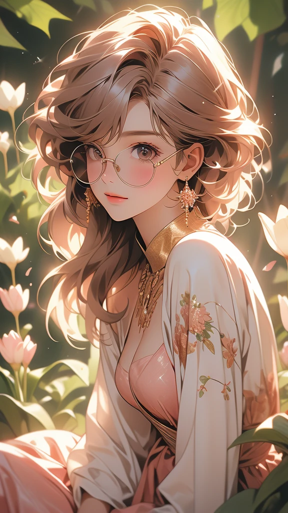 sitting, wariza, from above, spring clothes, light green floral print dress, pumps, Lots of colorful tulips, flower fields, warm atmosphere, rays of light from trees, backlit, profile
upper body, twinkle smile, 1girl, solo, 16years old, detailed beautiful face and eyes, brown eyes, (flat breasts:1.3), (very short hair:1.2), (bangs:1.2), (brown pink hair:1.2), hair fluttering, (well-proportioned body:1.2), (dynamic angle:1.3)
(masterpiece:1.2) , (best quality:1.2) , (ultra-detailed:1.2), more prism, vibrant color, ,hair over eyes, hair over one eye,a close up of image of girl with glasses and gold hair and long neck, 1girl, solo, long hair, tinted eyewear, round eyewear, sunglasses, jewelry, hair, bangs,Niji XL