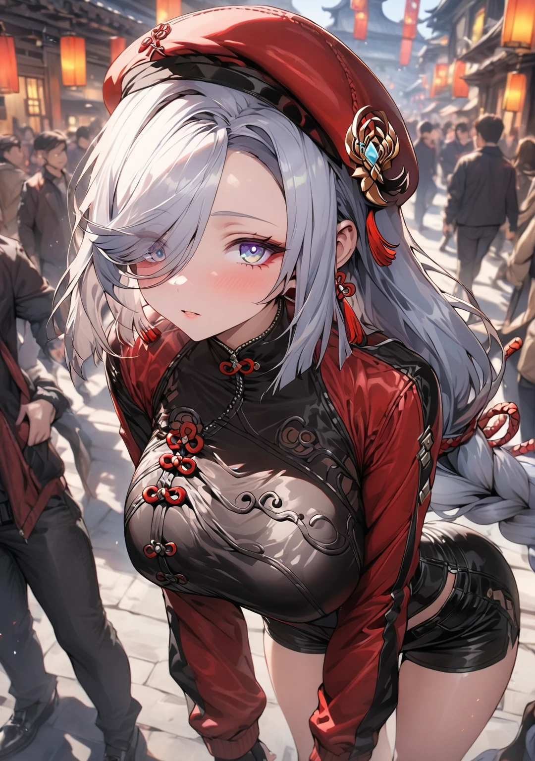 (masterpiece), (best quality), highly detailed, HDR, 1 girl, solo focus, shenhe_\(genshin_impact\), long_hair, large breasts, hair_over_one_eye, hair_ornament, bangs, alternate costume, leather curves, black and red Sports jacket, shorts, Red beret, perfect face, big eyes , perfect eyes, eyelashes, Very detailed face, standing, black shoes. 