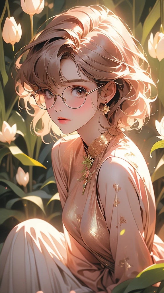 sitting, wariza, from above, spring clothes, light green floral print dress, pumps, Lots of colorful tulips, flower fields, warm atmosphere, rays of light from trees, backlit, profile
upper body, twinkle smile, 1girl, solo, 16years old, detailed beautiful face and eyes, brown eyes, (flat breasts:1.3), (very short hair:1.2), (bangs:1.2), (brown pink hair:1.2), hair fluttering, (well-proportioned body:1.2), (dynamic angle:1.3)
(masterpiece:1.2) , (best quality:1.2) , (ultra-detailed:1.2), more prism, vibrant color, ,hair over eyes, hair over one eye,a close up of image of girl with glasses and gold hair and long neck, 1girl, solo, long hair, tinted eyewear, round eyewear, sunglasses, jewelry, hair, bangs,Niji XL