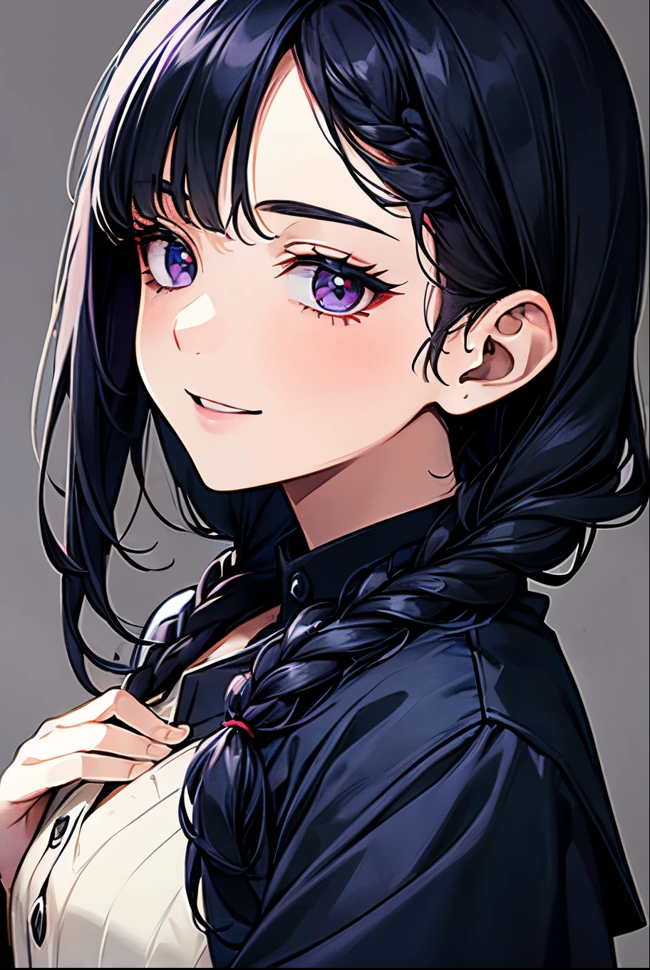 Open the chest、cardigan、Laughter、room、8k、Delicate face、Detailed face、Simple Background, Long Black Hair, Hairstyle(Braiding), Hairstyle(((black navy blue, Dark Navy))), pupil(purple)