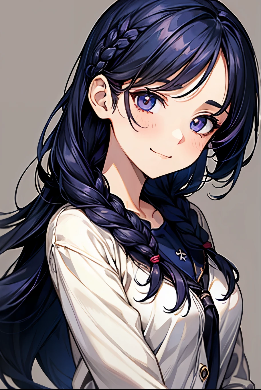 Open the chest、cardigan、Laughter、room、8k、Delicate face、Detailed face、Simple Background, Long Black Hair, Hairstyle(Braiding), Hairstyle(((black navy blue, Dark Navy))), pupil(purple)
