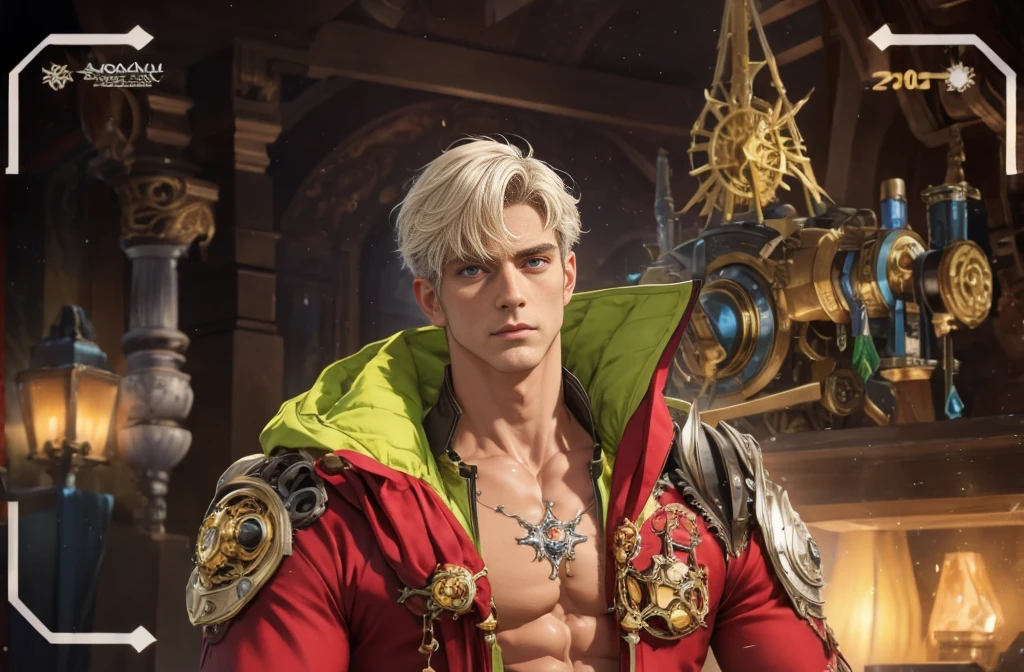 (Intricate Details, Masterpiece, Best Quality, High Resolution, 8k), (1man), (male:1.2), mature, dandy face, finely detailed eyes and face, toned body, masculine appeal, commanding presence, hot stud, bulging biceps and triceps, well-developed quadriceps and hamstrings, light skin, burgundy straight layered bangs hair, aquamarine eyes,  ornate details,  portrait, solo, half shot, looking down, detailed background, detailed face, (cogpunkai, cogpunk theme:1.1),  tech-mage,   [magic|technology], melding of spellcraft and advanced technology,  intricate [spellcasting clothes|mechanical gear], gear shaped glyphs,  ancient crystals,  [gears|ancient spell],  floating particles,  [innovative|enchanting] aura, high tech vehicle in background,   , finely detailed background, Depth of Field, VFX