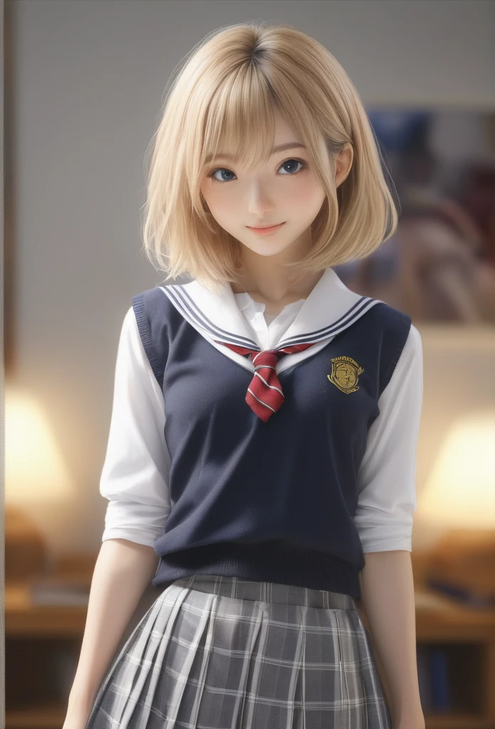 detailed face, cute face,18-year-old female, Long Hair, RAW Photos, bokeh (Realism: 1.4, Realistic), High-definition CG integrated 8K wallpaper, One girl, ((The body is slim: 1)), (Small breastss: 1), Back to viewers, ((Direct view from the front)), (high qualityスキン: 1.4), 8k Ultra HD, Digital SLR, Soft Light, high quality, Film Grain, Fujifilm XT3, ((school uniform, Short skirt,The open skirt is visible through:1.5)), ((Bedroom))) Lamb, Portraiture,((Layered Short Haircut, blonde Employment,Small breasts:1.2)),(View your viewers:1.4),(whole body:1.8)