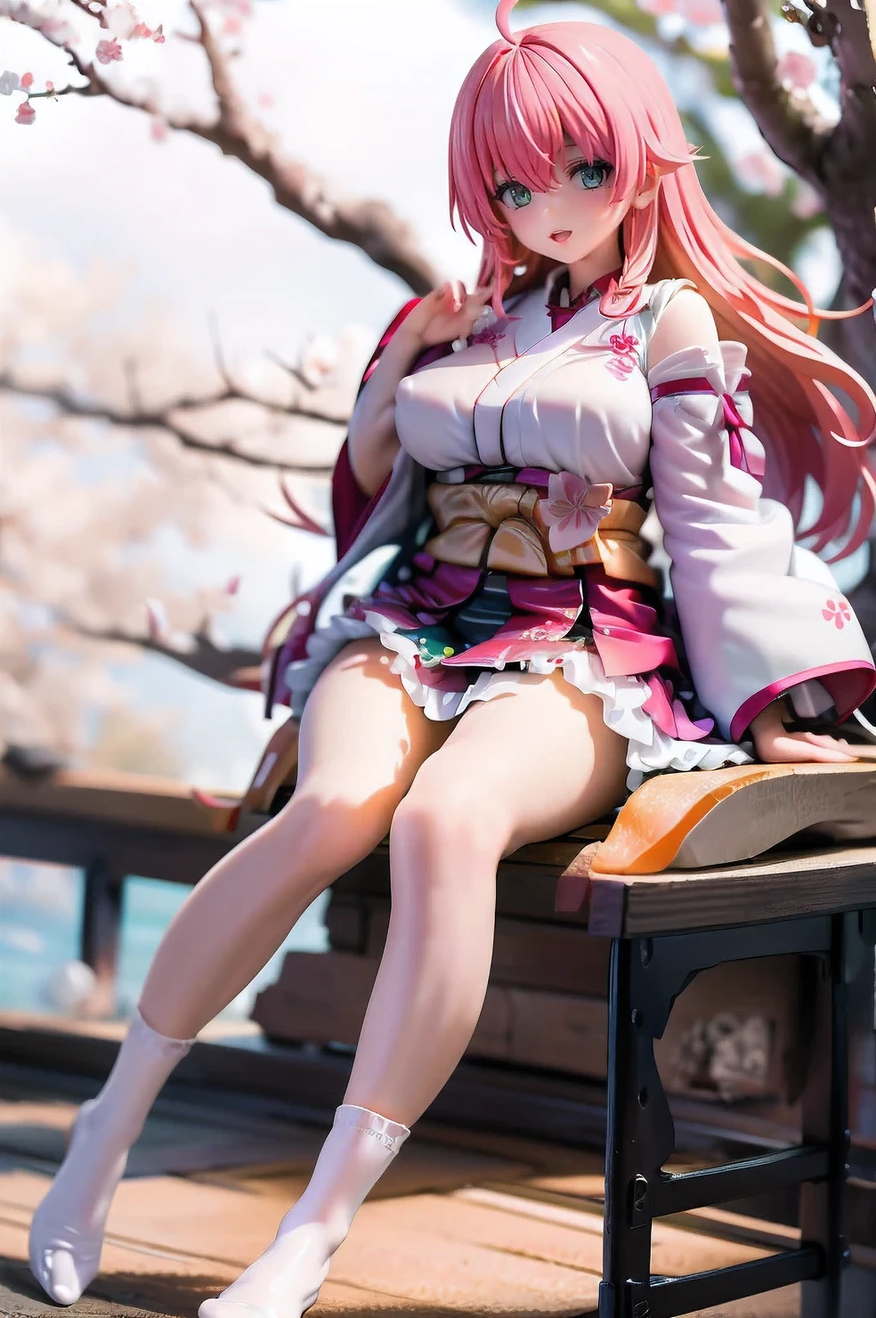 Fisheye Lens、Super huge chest、Plump thighs、Camera eye line、Embarrassed、masterpiece, Highest quality, High resolution, cherry blossoms_Shrine maiden, One girl, (:1.3),Moderate_chest, kimono, alone, Ahoge, Gone_hair_ornament, pink_hair, Floral print, hairclip,(~ Side_fewer_Clothes:1.3), (~ Side_chest:1.3), hair_Bell, Floral print, length_hair, hair between eye, one ~ Side up, white_Knee socks, wide sleeve, Open_mouth,(Happy:1.3),green_eye,smile,Away_feet,(excessively_length_sleeve:1.3),),sleeve_past_hand,hand_hidden_sleeve,~ Sidelock_Clothes,alone,hidden_hand,(Lol:1.5),Covered_Nipples,sunlight,(just_~ Side面:1.3),boots,Open_mouth,kimono,close_eye,.Vegetarian feet