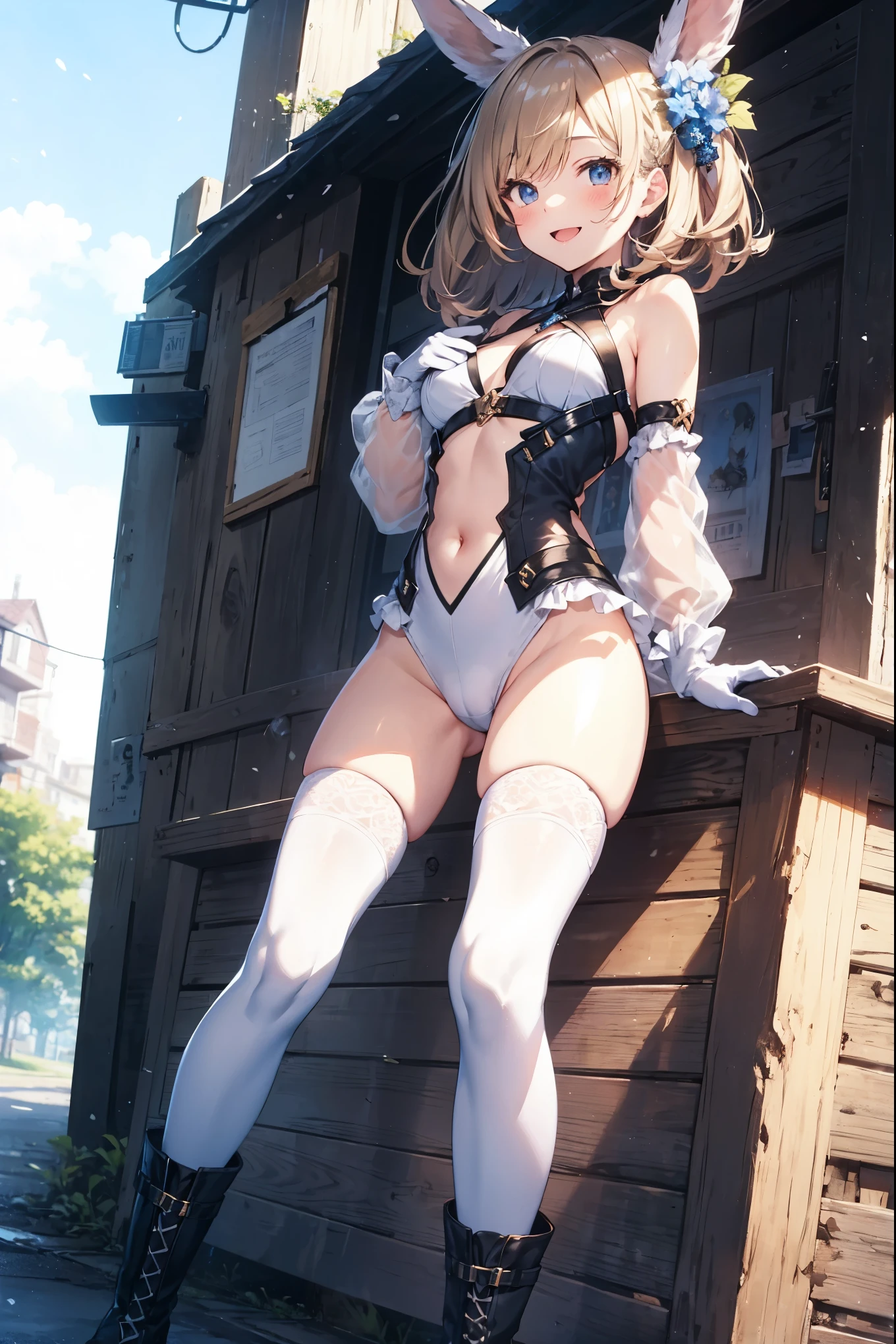 GRANBLUEfantasy,ung_teeirl,brown_hair,medium_bob_hair,platina_blond_hair,white_leotard,covered_crotch,thigh-highs,smile,standing,bluesky_landscape_background,slightly_spread_legs,happiness, short_gloves ,solo, r18, navel,relicbuster,short,boots,open_mouth,sitting,knees,blush,shy,bunny_ears