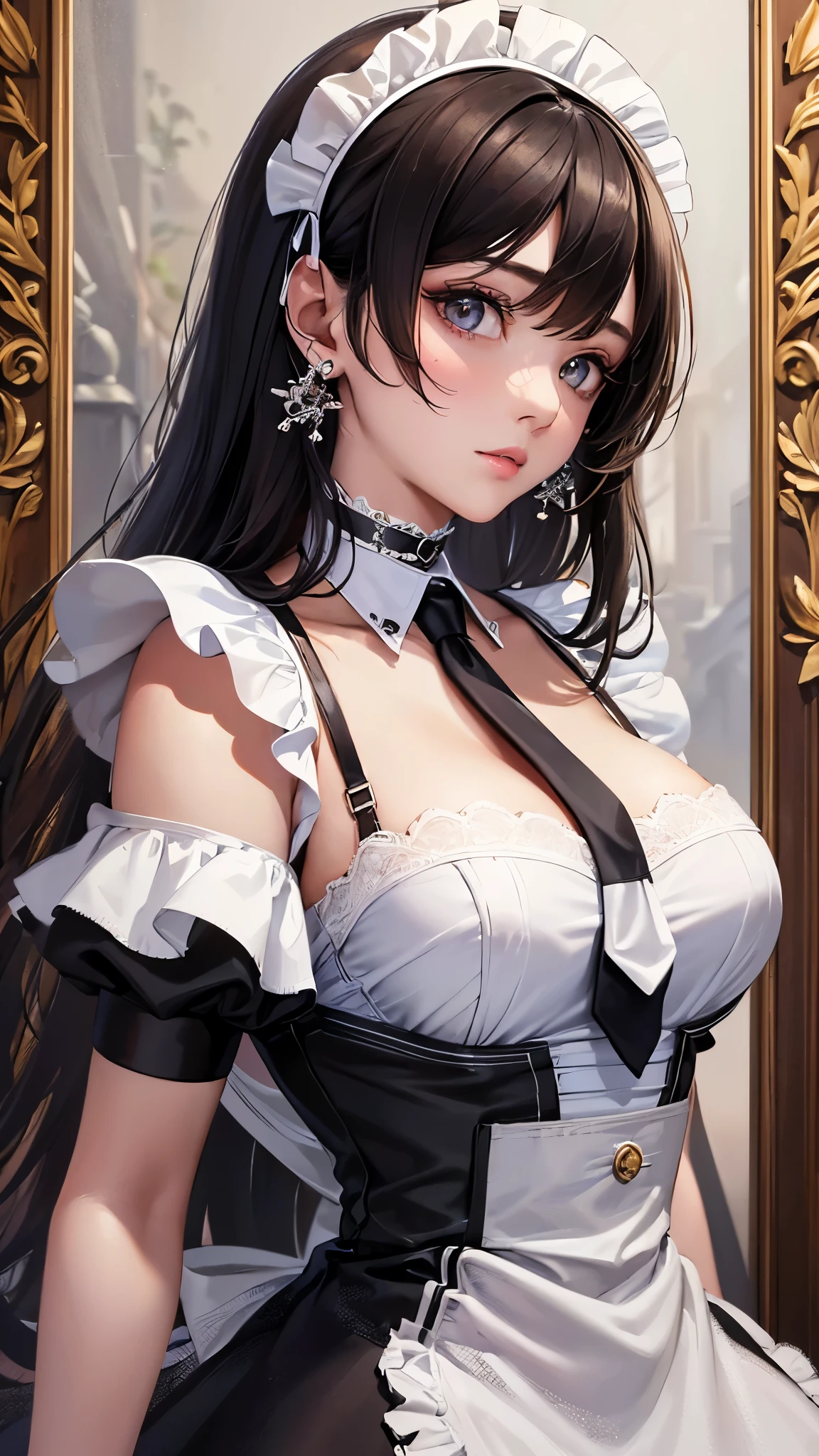 ((Highest quality)),(Ultra-high resolution),(Super detailed),(Detailed Description),((The best CG)),(masterpiece),Highly detailed art,(Art with precise detail:1.5), (maid:1.7),Beautiful and well-proportioned face:1.4,(Natural Makeup:1.5),(Tie Choker:1.6),(Upper breast:1.8),