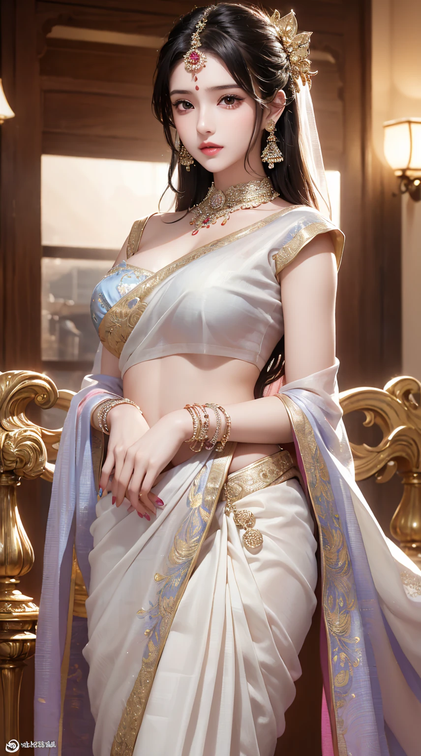 1girl, cute face,pretty face, jaw dropping beauty, beautiful sari,((full saree)),((ultra high detailed 1.9)),((ultra high resolution 1.9)),((ultra high quality 1.9)),(masterpiece)), (perfect lightings), (very Big breasts 1.9)), ultra huge breast, pussy is visible 