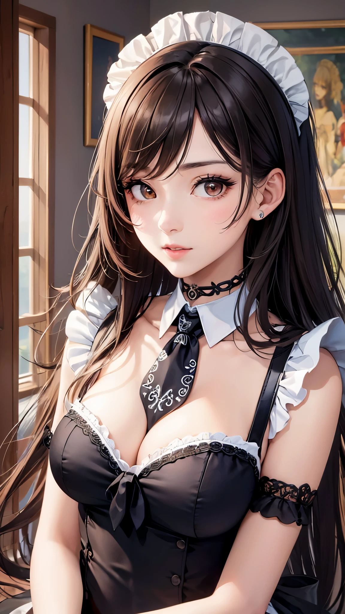 ((Highest quality)),(Ultra-high resolution),(Super detailed),(Detailed Description),((The best CG)),(masterpiece),Highly detailed art,(Art with precise detail:1.5), (maid:1.7),Beautiful and well-proportioned face:1.4,(Natural Makeup:1.5),(Tie Choker:1.6),(Upper breast:1.8),