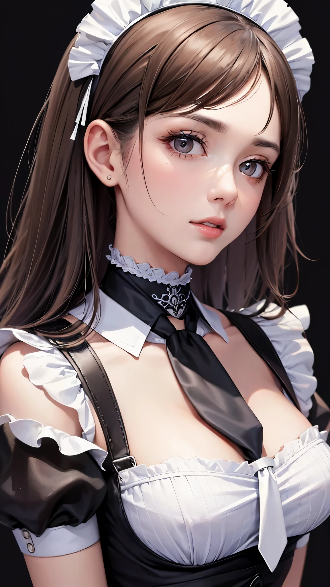 ((Highest quality)),(Ultra-high resolution),(Super detailed),(Detailed Description),((The best CG)),(masterpiece),Highly detailed art,(Art with precise detail:1.5), (maid:1.7),Beautiful and well-proportioned face:1.4,(Natural Makeup:1.5),(Tie Choker:1.6),(Upper breast:1.8),