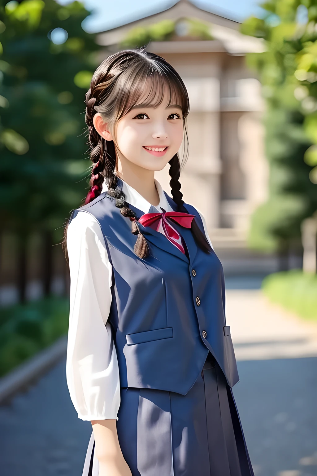 (highest quality, masterpiece, high resolution:1.2), 4K, (Photo quality detailed face: 1.2), (Giorgione painting style: 0.8), geometry, (16 yo cute girly Japanese girl: 1.0), Laughing cutely, (neat girly white short-sleeves school blouse: 1.0), (puffed short sleeves: 1.0), (Dark red glossy school ribbon on the breast: 1.0), (Gray Japanese school girly vest Uniform: 1.2), (Extremely laughing cheeks: 1.0), (Beautiful light-amber cute-dolly large clear eyes with detailed cutely: 1.4), (Long bottom eyelashes: 1.2), (Expressing the greatest joy with her whole body: 1.2), (Glossy lips: 1.0), (braids under her ears: 1.3), (cute earrings), (kidnapping me into the heaven as a goddess: 1.6), (white and clear skin: 1.0), (Laughing 14yo cute princess's eyes: 0.8), (Placing her beautiful white hands together like praying: 0.9), (Full-body shot in heaven: 1.2)