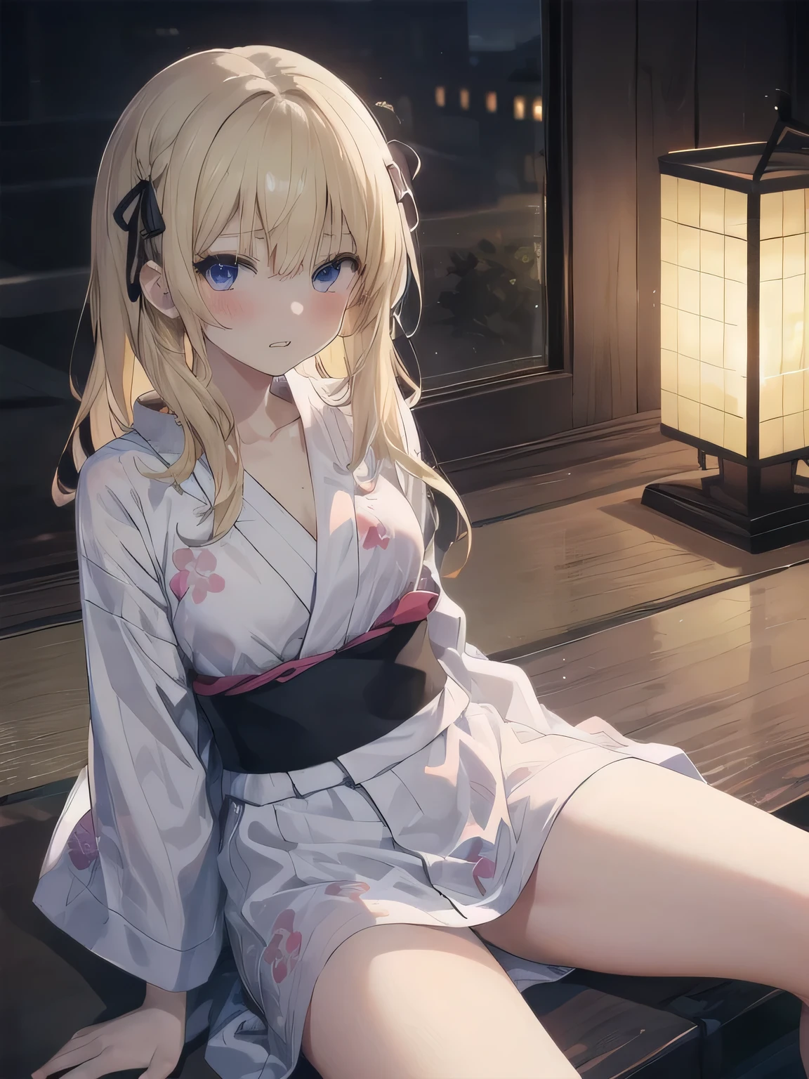 score_9, score_8_superior, score_7_superior, score_6_superior, sauce_anime, One girl, alone, Cyril, Blonde, Long Hair, Hair Ribbon,yukata、 Sitting, Spread your legs, , Medium chest, I&#39;m watching you, Grit your teeth, blush, Embarrassing,