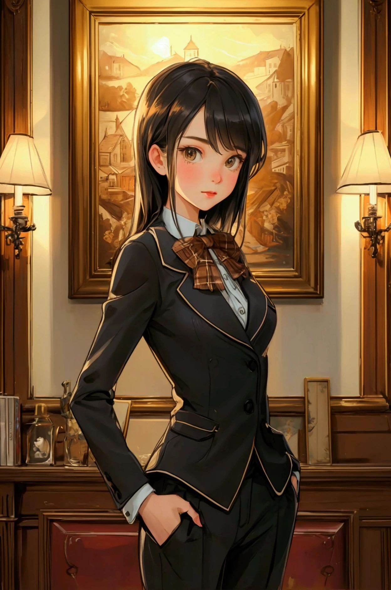 Create a beautifully detailed image featuring a cute girl . The girl should be wearing the same plaid suit with a bow tie and standing confidently with a hand in her pocket. The background should remain a luxurious, vintage room with wooden walls, a framed painting, and rich details. The overall theme and style of the image should be preserved exactly, maintaining the warm lighting and sophisticated atmosphere