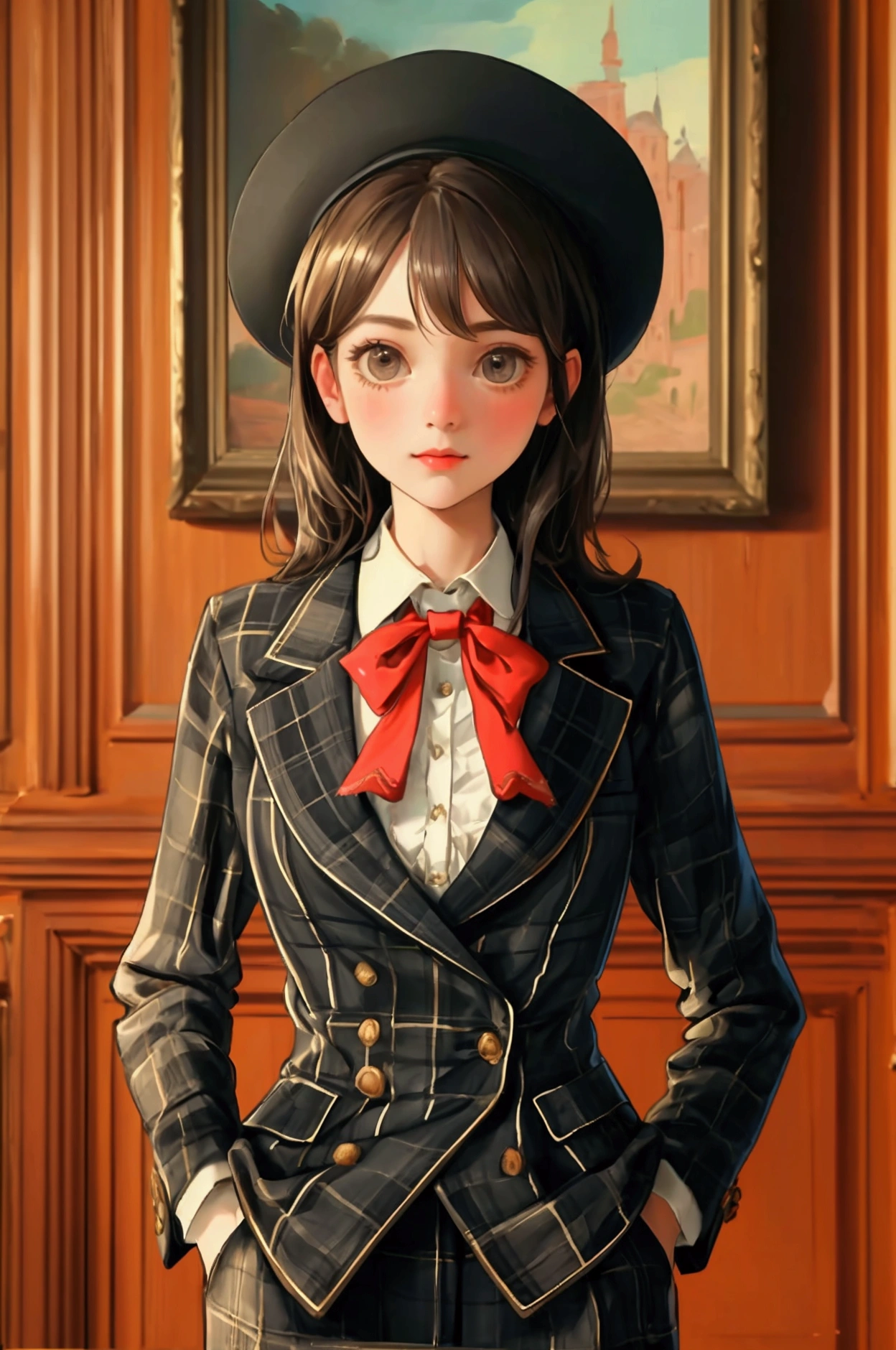 Create a beautifully detailed image featuring a cute girl . The girl should be wearing the same plaid suit with a bow tie and standing confidently with a hand in her pocket. The background should remain a luxurious, vintage room with wooden walls, a framed painting, and rich details. The overall theme and style of the image should be preserved exactly, maintaining the warm lighting and sophisticated atmosphere