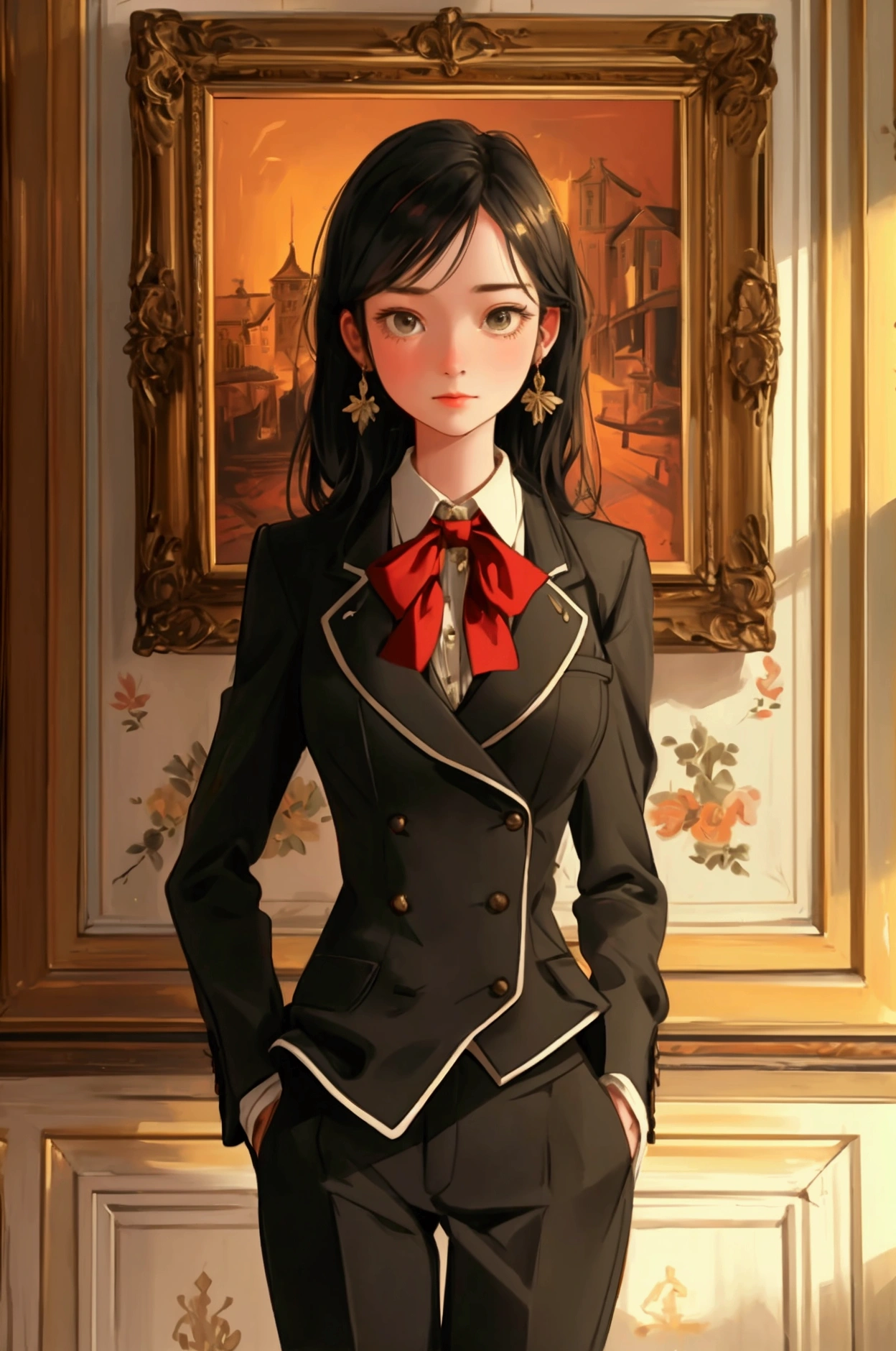 Create a beautifully detailed image featuring a cute girl . The girl should be wearing the same plaid suit with a bow tie and standing confidently with a hand in her pocket. The background should remain a luxurious, vintage room with wooden walls, a framed painting, and rich details. The overall theme and style of the image should be preserved exactly, maintaining the warm lighting and sophisticated atmosphere