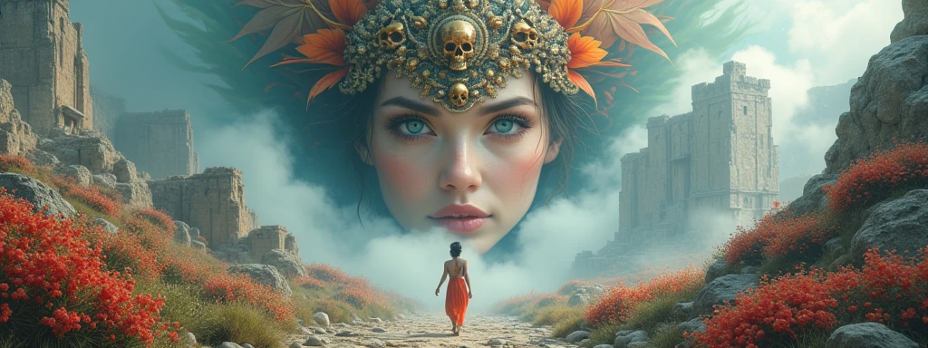Create an award-winning surreal artwork featuring a majestic, ethereal female face with open, piercing eyes emerging from a swirling, mist-laden landscape. Her expression is serene yet commanding, framed by intricate, ornate headgear adorned with natural elements such as vibrant leaves and small skulls. In the foreground, a solitary figure in elaborate attire walks on a rocky path lined with vibrant flowers and ancient skulls, leading towards mysterious ruins enveloped in fog. The ruins rise majestically amidst the lush, colorful vegetation. Use a palette of soft pastels interwoven with vibrant reds, oranges, and blues to amplify the dreamlike atmosphere. The scene should pulsate with an otherworldly aura, blending elements of nature and ancient mystery, and the figure's journey towards the enigmatic ruins should evoke a sense of exploration and discovery.