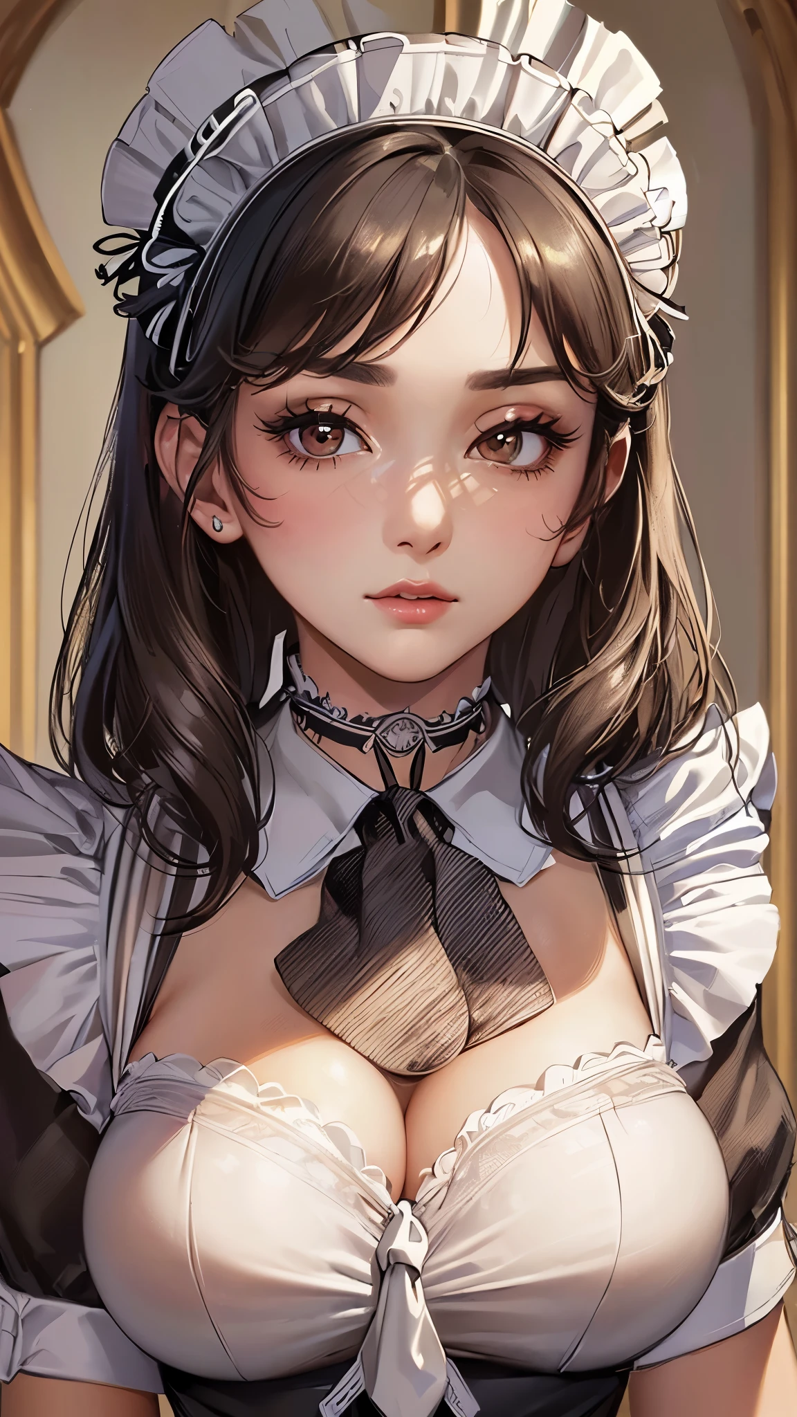 Young maid of one of the nobles、((((brown haired))))、((Viewer's Perspective))、(((black and white maid uniform)))、sweat-wet skin、on the beds、(((Wide legs open)))、((Brothels))、(((Pink lighting)))、((((fullnude))))、((((Sexual temptation))))