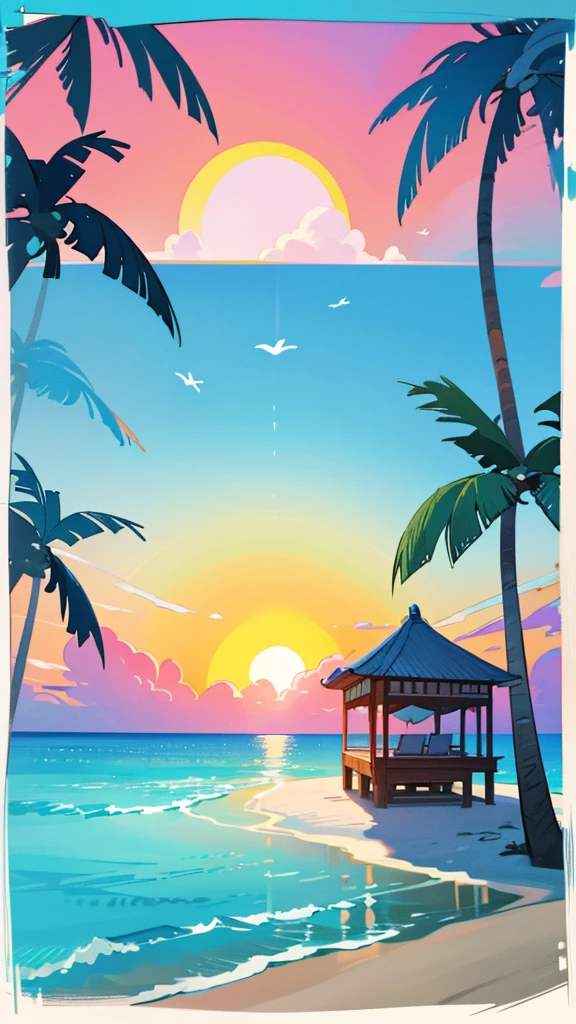 Create a relaxing island resort themed image。The blue sea in the background、White sand beach、Palm trees and resort bungalows、Create a relaxing atmosphere under a calm sunset or blue sky.。The colour is warm、at toropical、Try to create a visually pleasing vacation atmosphere.。　Makoto Shinkai style