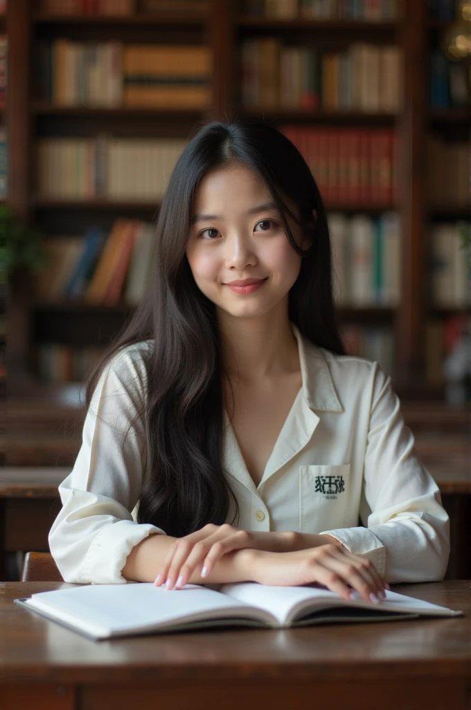 High Quality, High Resolution, Best Composition, One Thai Woman, Idol Beauty, Historic Library, Sitting at table, Looking straight ahead and smiling, Young beautiful woman, Student, Studying, Long hair, Straight hair, Very detailed eyes, Very detailed eyebrows, Very detailed skin , very detailed mouth, very detailed nose, fine hair, detailed and realistic skin texture.