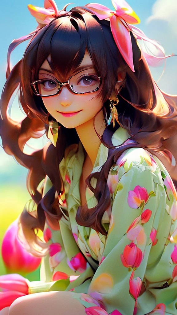 sitting, wariza, from above, spring clothes, light green floral print dress, pumps, Lots of colorful tulips, flower fields, warm atmosphere, rays of light from trees, backlit, profile
upper body, twinkle smile, 1girl, solo, 16years old, detailed beautiful face and eyes, brown eyes, (flat breasts:1.3), (very short hair:1.2), (bangs:1.2), (brown pink hair:1.2), hair fluttering, (well-proportioned body:1.2), (dynamic angle:1.3)
(masterpiece:1.2) , (best quality:1.2) , (ultra-detailed:1.2), more prism, vibrant color, ,hair over eyes, hair over one eye,a close up of image of girl with glasses and gold hair and long neck, 1girl, solo, long hair, tinted eyewear, round eyewear, sunglasses, jewelry, hair, bangs,Niji XL