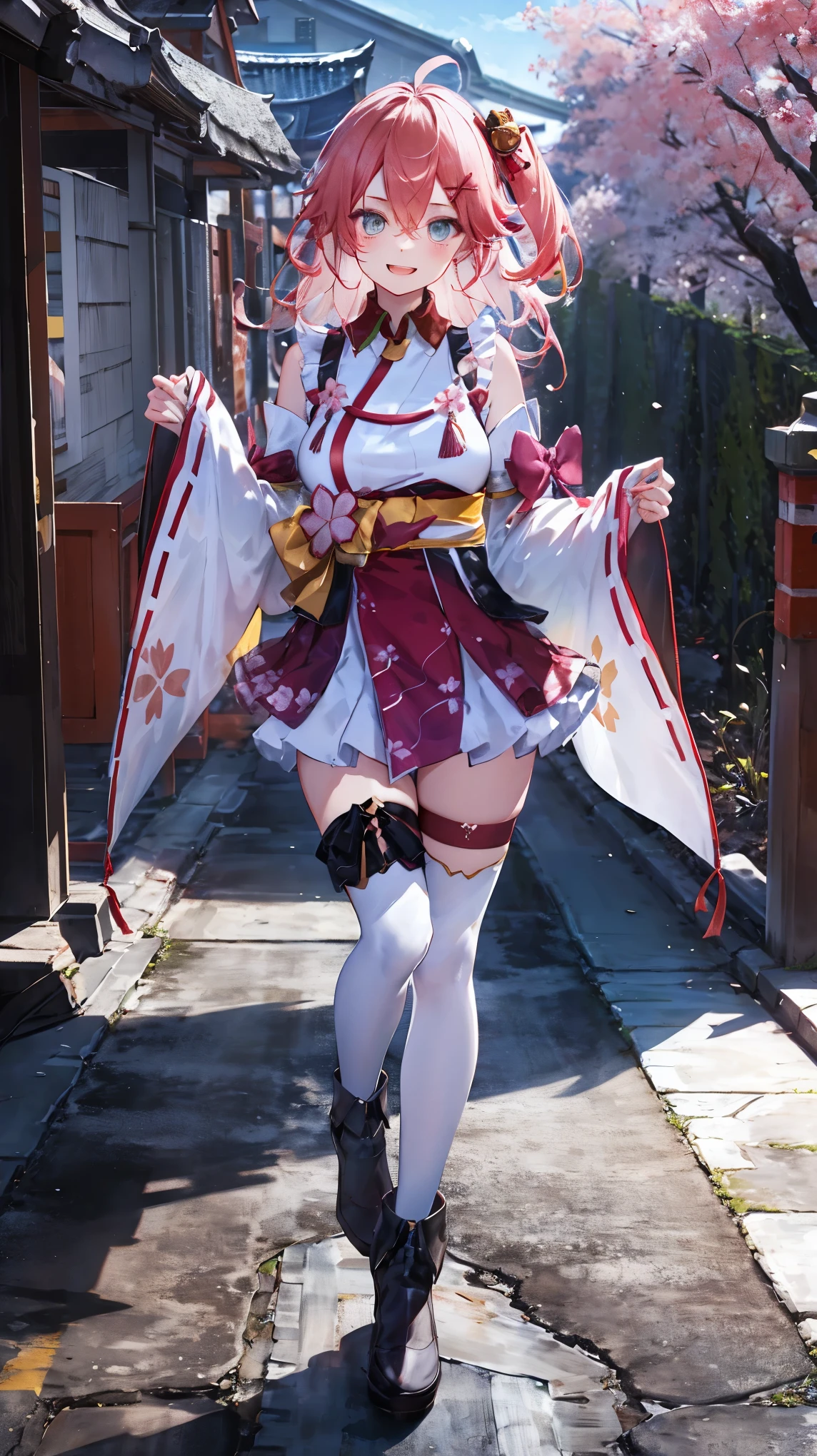 masterpiece, best quality, highres, miko1, sakura_miko, 1girl, big_boobs, solo, ahoge, x_hair_ornament, pink_hair, floral print, hairclip,(side_less_clothes:1.5), (side_boobs:1.5), hair_bell, floral print, long_hair, hair between eyes, one side up, white thighhighs, asymmetrical legwear, wide sleeves, open_mouth,(happy:1.3),gleen_eyes,big_smile,(rise_leg:1.3),plump,apart_legs,(overly_long_sleeves:1.3),),sleeves_past_wrists,hands_hidden_sleeves,sidelock_clothes,dynamic_posing,solo,hidden_wrists,(XD:1.4),covered_nipples,sunlight,cherryblossom_temple_landscape_background,