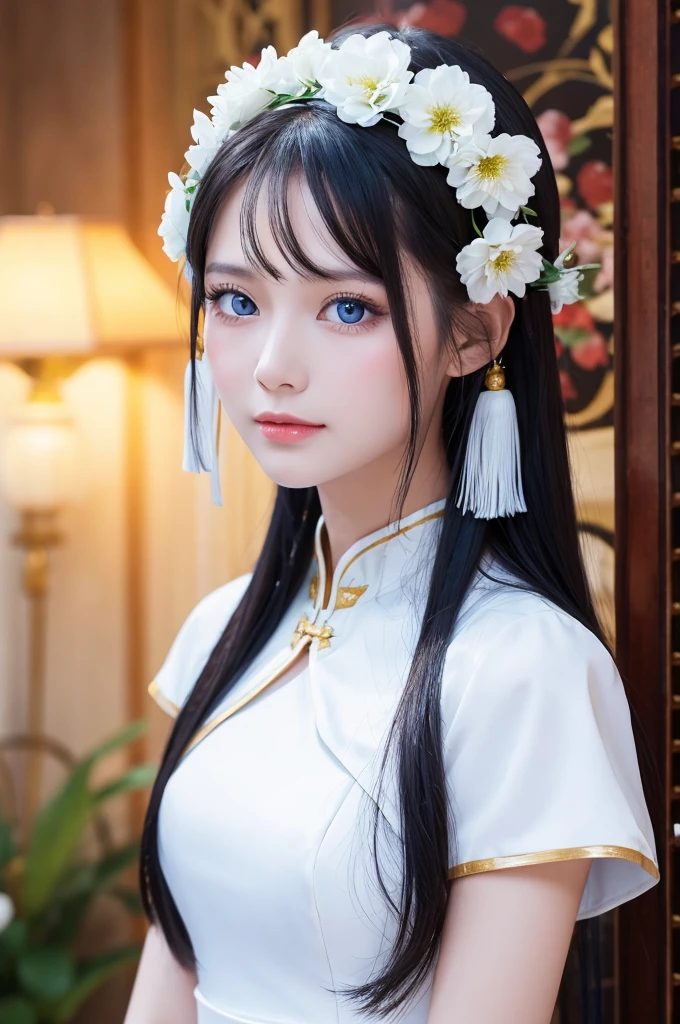 Long black hair, beautiful white woman, Chinese dress, blue eyes, flower on head