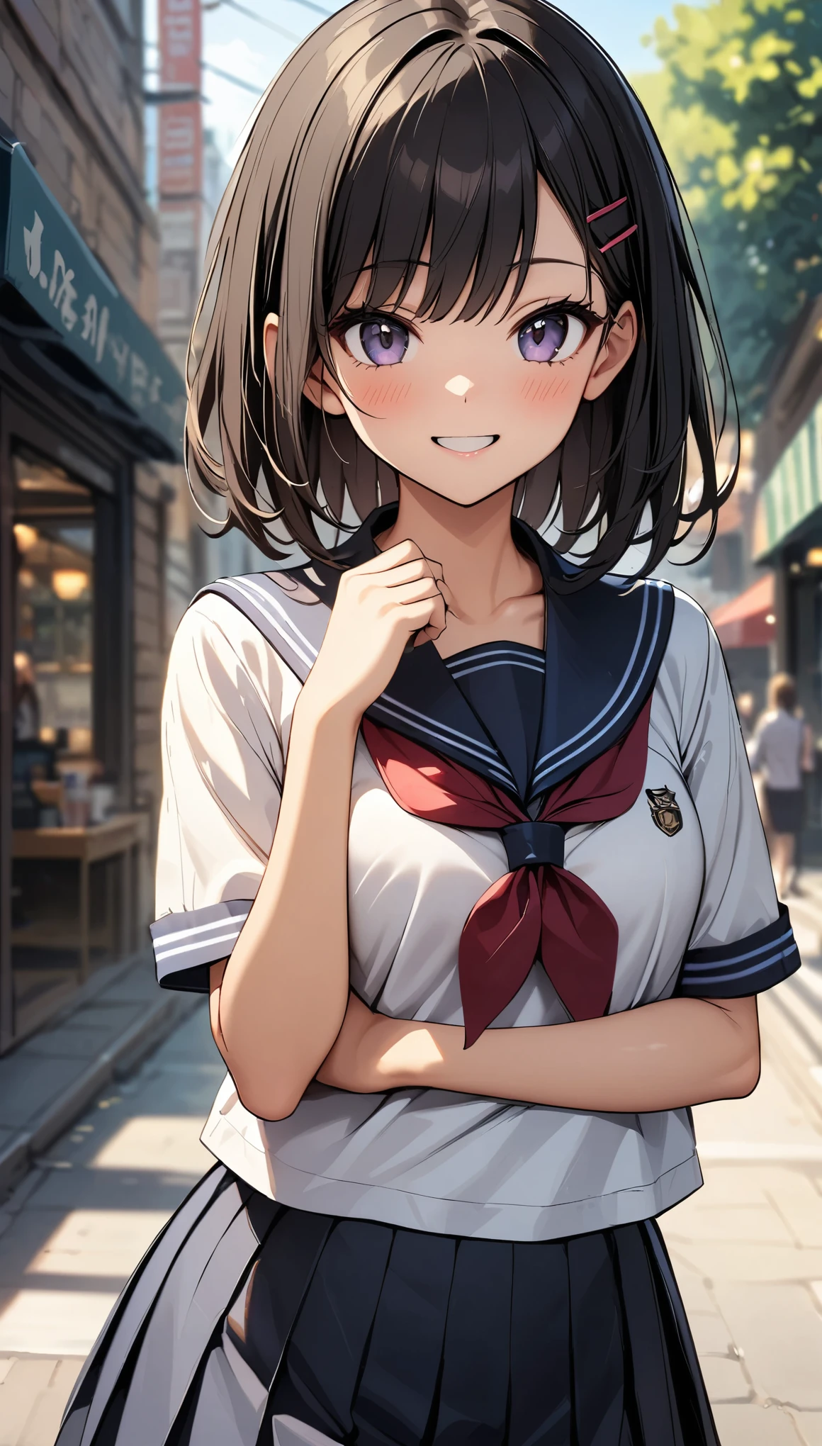 Commemorative photo of girls, 1 Girl, Black Hair, Shortcuts, Hair clip, 17-year-old girl, School uniforms, Sailor suit, Cafe:1.2, blush, Coffee cup in hand:1.4, smile, Mouth slightly open, Light and shadow with attention to detail, Background Blur:1.2, Shallow depth of field, (Highest quality:1.2, 4K, 8k, Very detailed, Attention to detail, masterpiece:1.2, Best aesthetics),