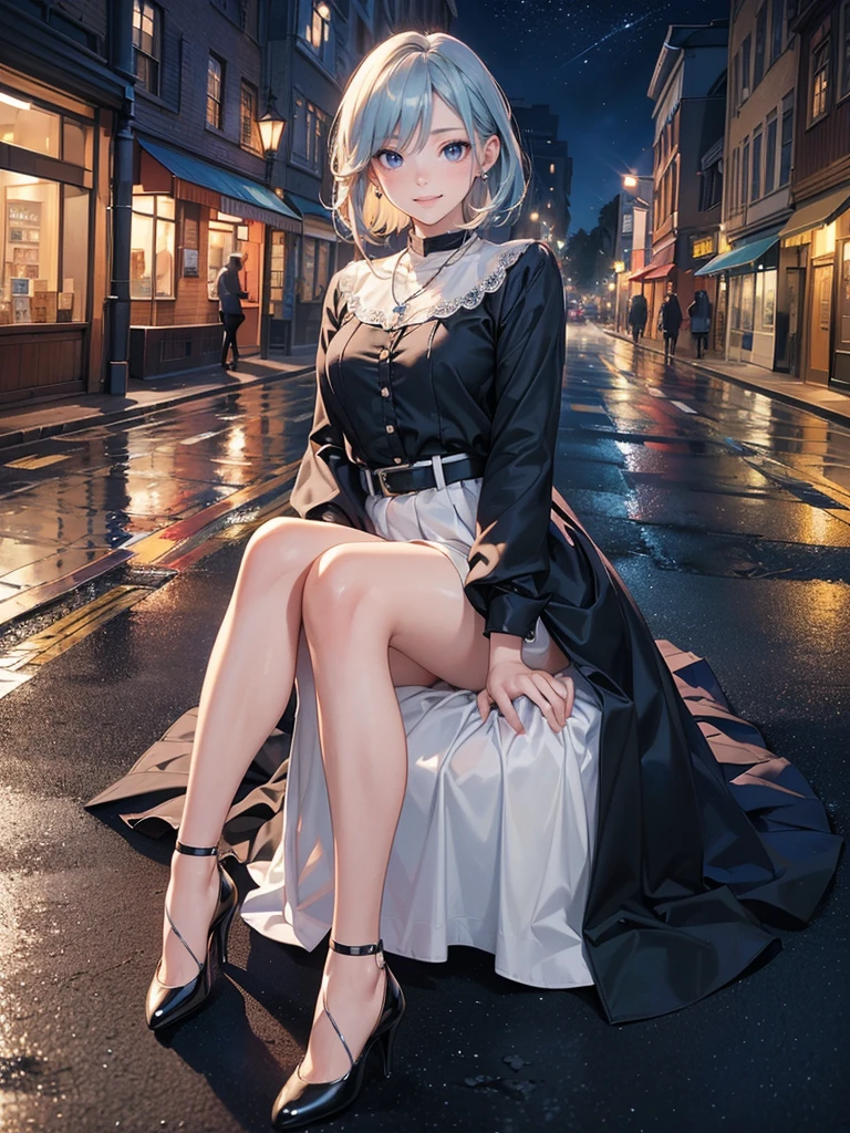 ((Biologically correct limb count)),(( From head to toe,Full-body photo including face)),4K,masterpiece,((Focus on the face)),((Symmetrical facial features)),Eyes with detailed description,Beautiful woman,Great style,Beautiful arms,Beautiful legs,Beautiful Hands,(Small Ass,Thin thighs),Detailed depiction of the face,Small earrings,necklace,(Will school uniform,dress((High heels))),((Outdoors at night, early morning)),(((blue blonde))),Realistic photo,Looking up,smile,((Sitting upright on the asphalt of the road,Panty shot)),Nobody is here