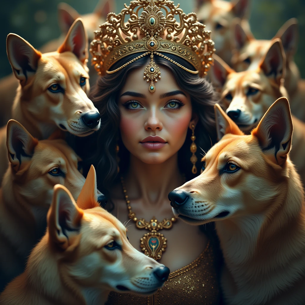 (best quality,4k,8k,highres,masterpiece:1.2),ultra-detailed,(realistic,photorealistic,photo-realistic:1.37),goddess surrounded by dogs,detailed dogs,ultra detailed dogs,highly detailed goddess,beautiful detailed eyes,beautiful detailed lips,extremely detailed eyes and face,long eyelashes,intricate details,vibrant colors,dramatic lighting,cinematic composition,epic scale,stunning fantasy landscape,mystical atmosphere
